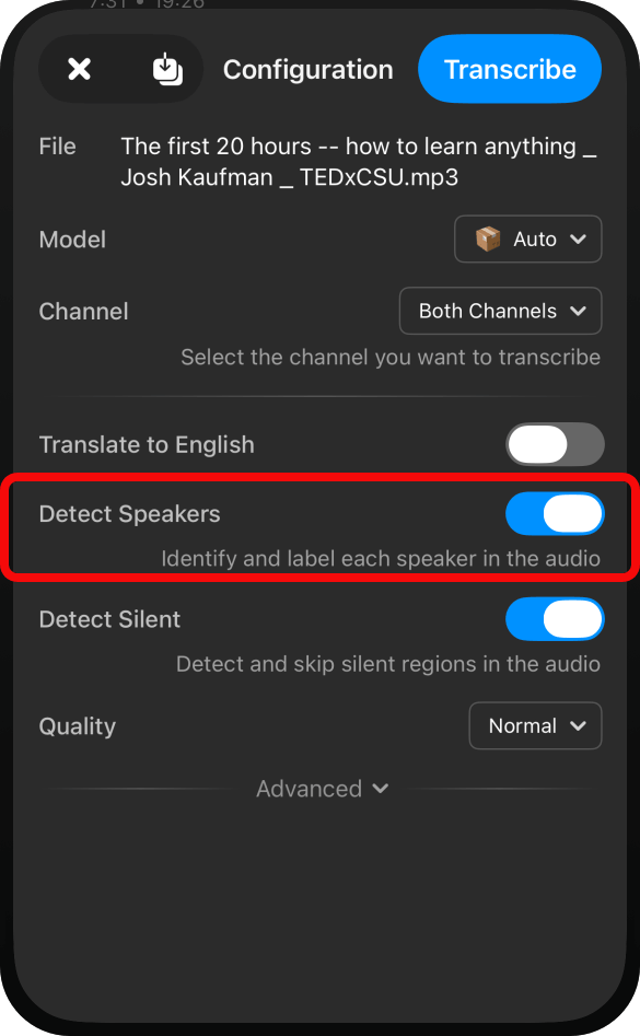 Ajuste de detección de hablantes en AI Transcription